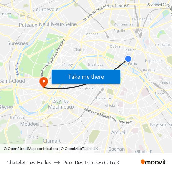 Châtelet Les Halles to Parc Des Princes G To K map