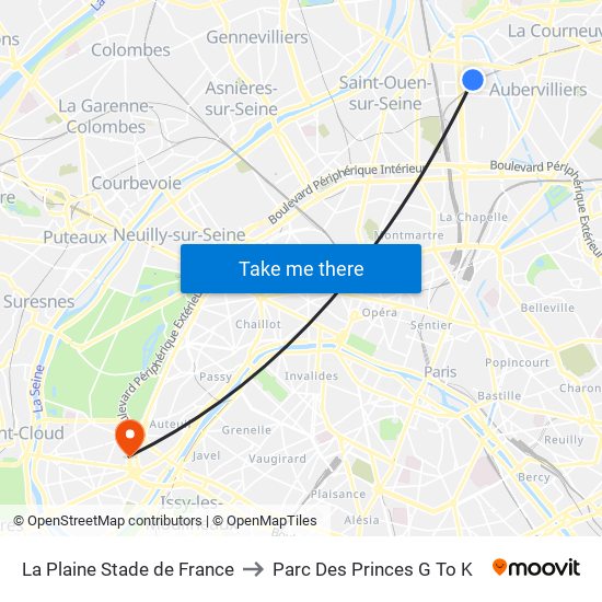 La Plaine Stade de France to Parc Des Princes G To K map