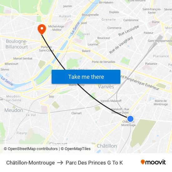 Châtillon-Montrouge to Parc Des Princes G To K map