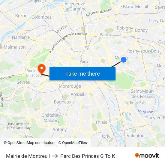 Mairie de Montreuil to Parc Des Princes G To K map