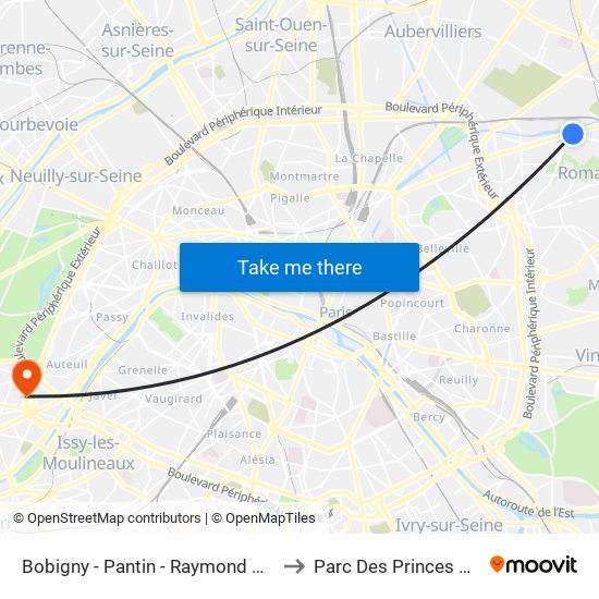 Bobigny - Pantin - Raymond Queneau to Parc Des Princes G To K map