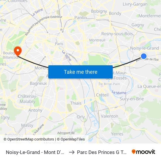 Noisy-Le-Grand - Mont D'Est to Parc Des Princes G To K map