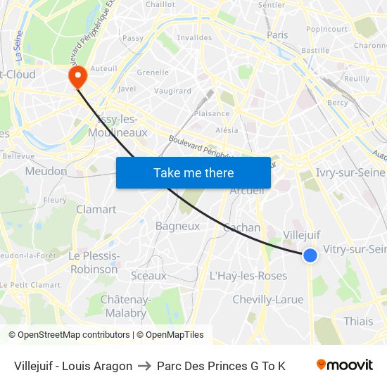 Villejuif - Louis Aragon to Parc Des Princes G To K map