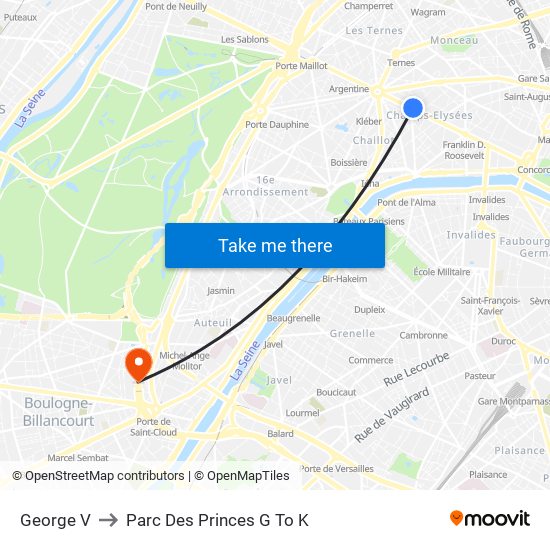George V to Parc Des Princes G To K map