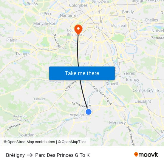 Brétigny to Parc Des Princes G To K map