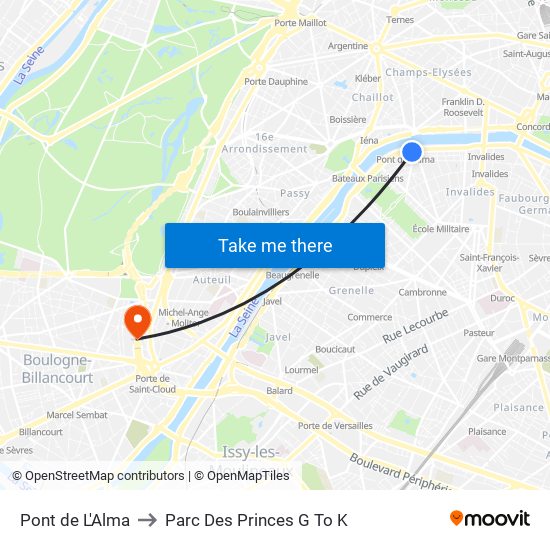 Pont de L'Alma to Parc Des Princes G To K map
