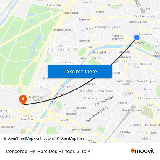 Concorde to Parc Des Princes G To K map
