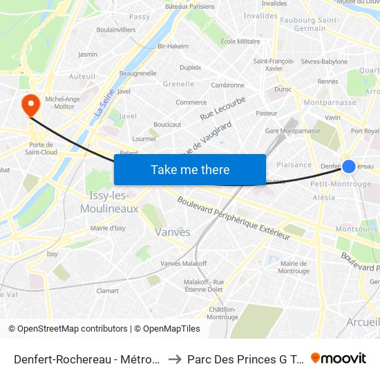 Denfert-Rochereau - Métro-Rer to Parc Des Princes G To K map