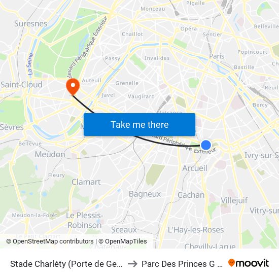 Stade Charléty (Porte de Gentilly) to Parc Des Princes G To K map