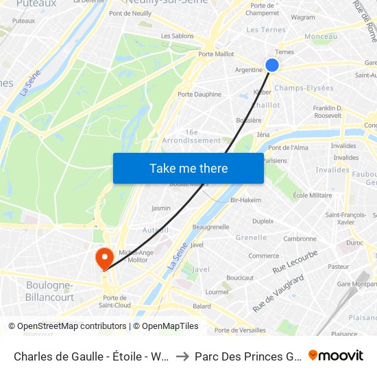 Charles de Gaulle - Étoile - Wagram to Parc Des Princes G To K map