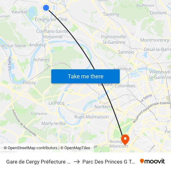 Gare de Cergy Préfecture (C) to Parc Des Princes G To K map