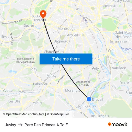 Juvisy to Parc Des Princes A To F map