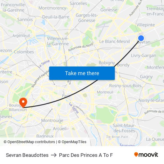 Sevran Beaudottes to Parc Des Princes A To F map