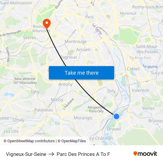 Vigneux-Sur-Seine to Parc Des Princes A To F map