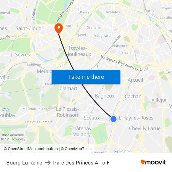 Bourg-La-Reine to Parc Des Princes A To F map