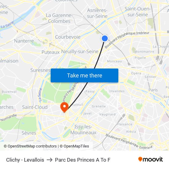Clichy - Levallois to Parc Des Princes A To F map