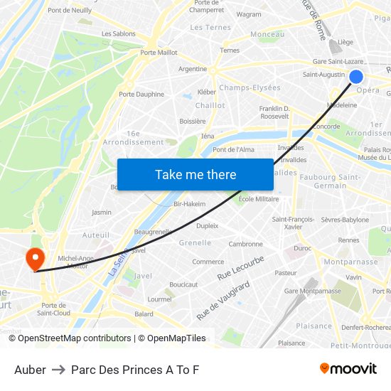 Auber to Parc Des Princes A To F map