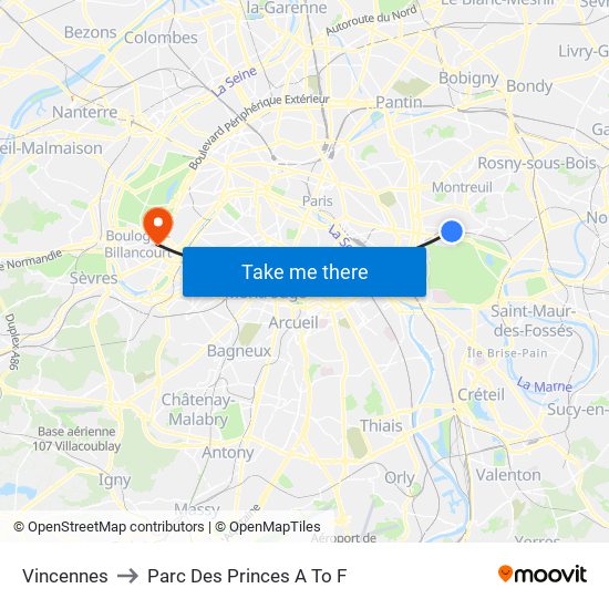 Vincennes to Parc Des Princes A To F map