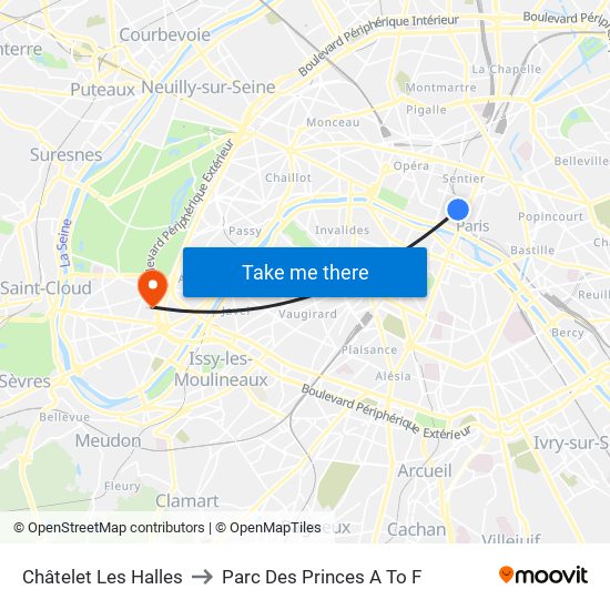 Châtelet Les Halles to Parc Des Princes A To F map