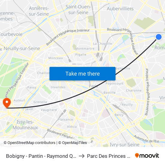 Bobigny - Pantin - Raymond Queneau to Parc Des Princes A To F map