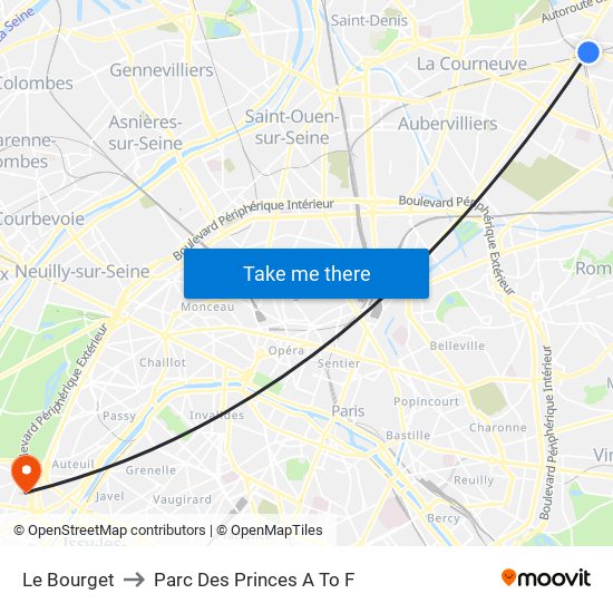 Le Bourget to Parc Des Princes A To F map