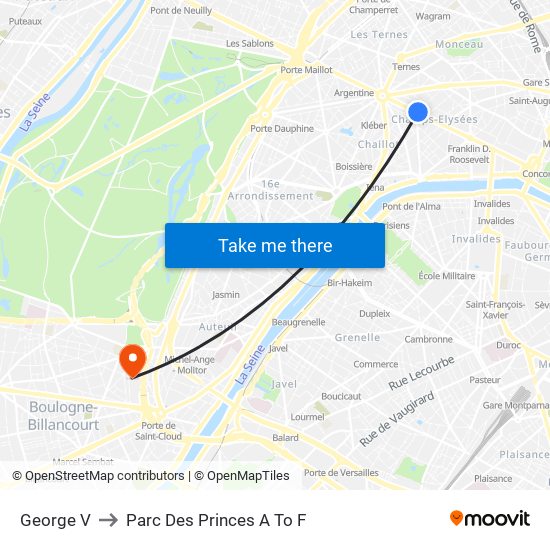 George V to Parc Des Princes A To F map