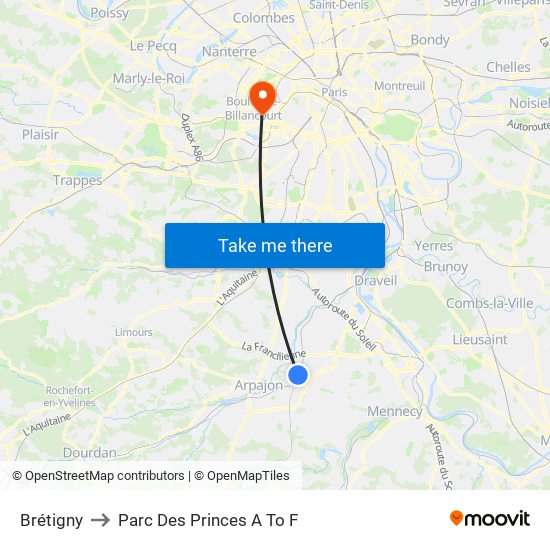 Brétigny to Parc Des Princes A To F map