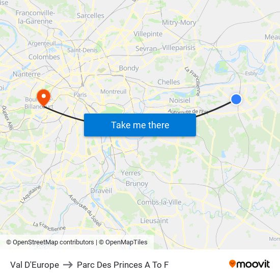 Val D'Europe to Parc Des Princes A To F map