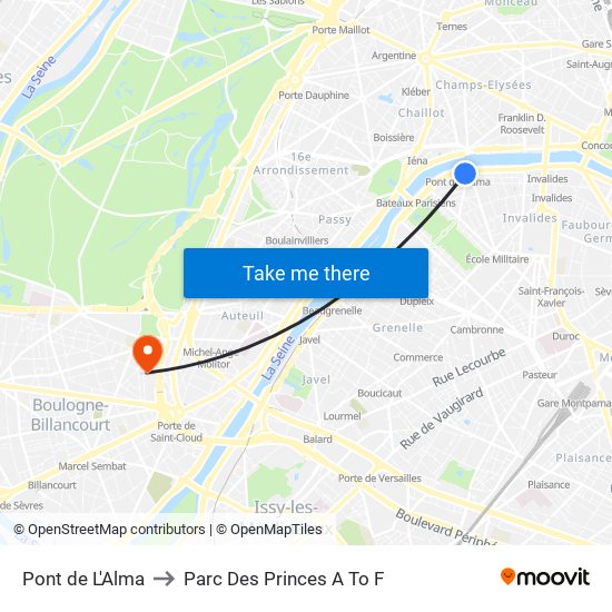 Pont de L'Alma to Parc Des Princes A To F map
