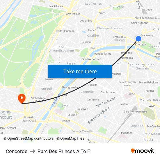 Concorde to Parc Des Princes A To F map