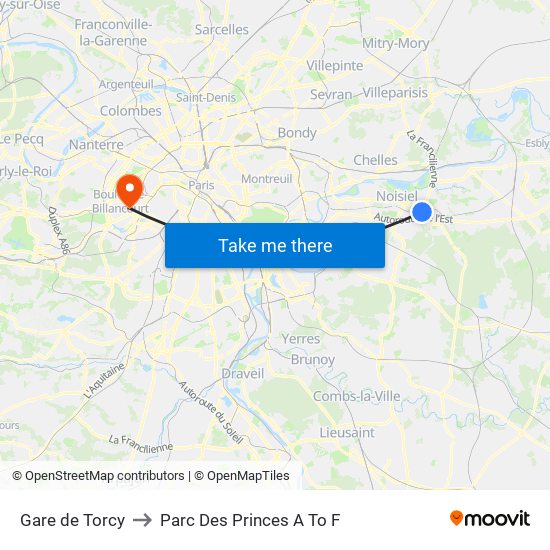 Gare de Torcy to Parc Des Princes A To F map