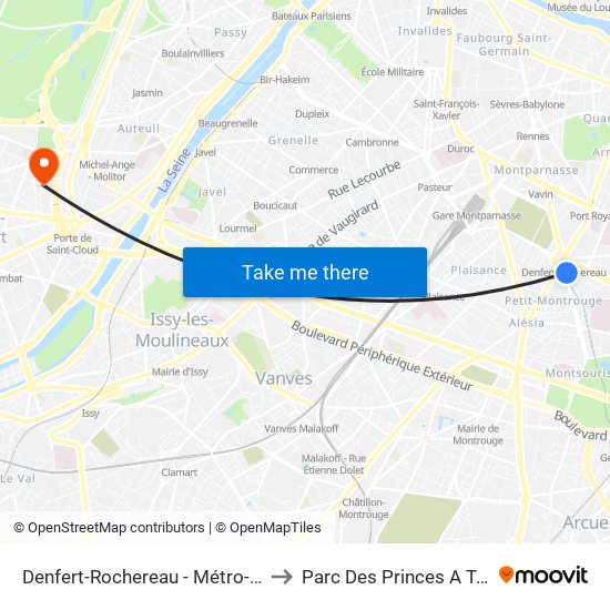 Denfert-Rochereau - Métro-Rer to Parc Des Princes A To F map