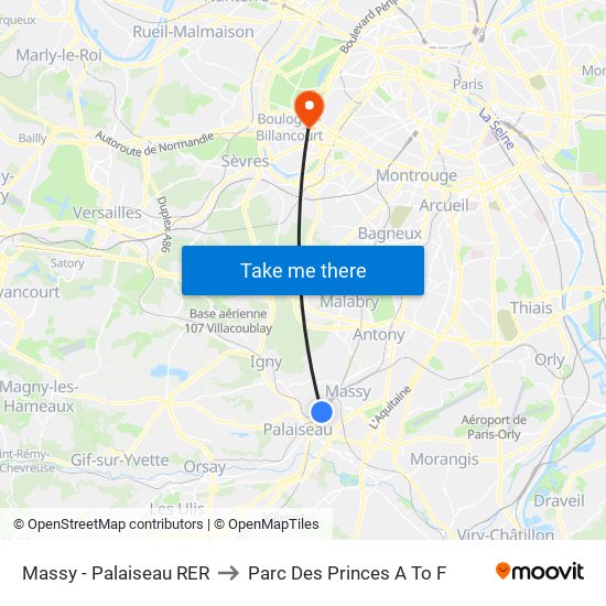 Massy - Palaiseau RER to Parc Des Princes A To F map