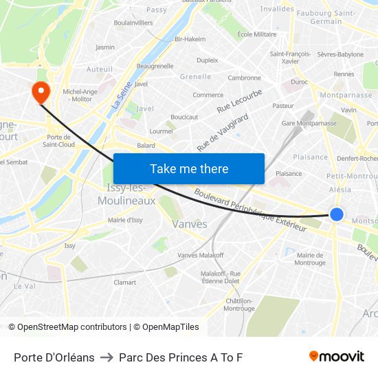 Porte D'Orléans to Parc Des Princes A To F map