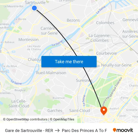 Gare de Sartrouville - RER to Parc Des Princes A To F map