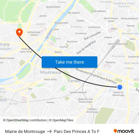 Mairie de Montrouge to Parc Des Princes A To F map