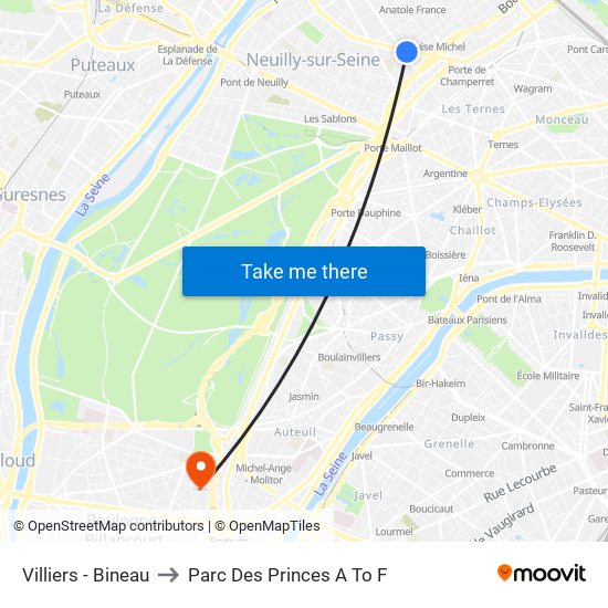 Villiers - Bineau to Parc Des Princes A To F map