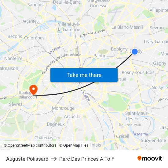 Auguste Polissard to Parc Des Princes A To F map