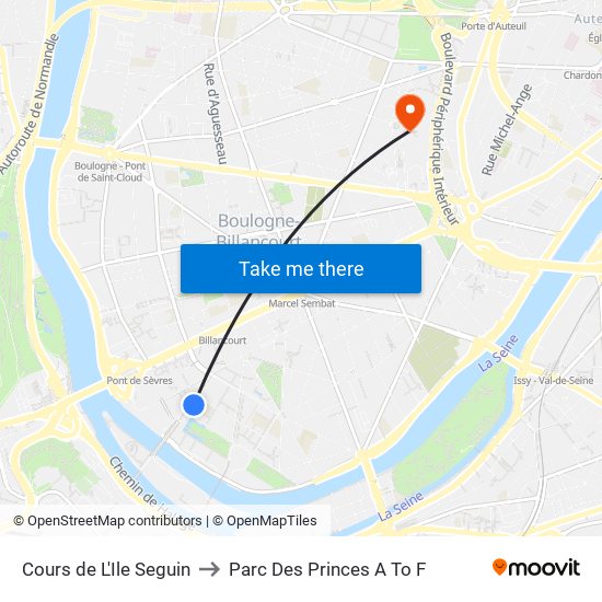 Cours de L'Ile Seguin to Parc Des Princes A To F map