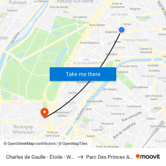 Charles de Gaulle - Étoile - Wagram to Parc Des Princes A To F map