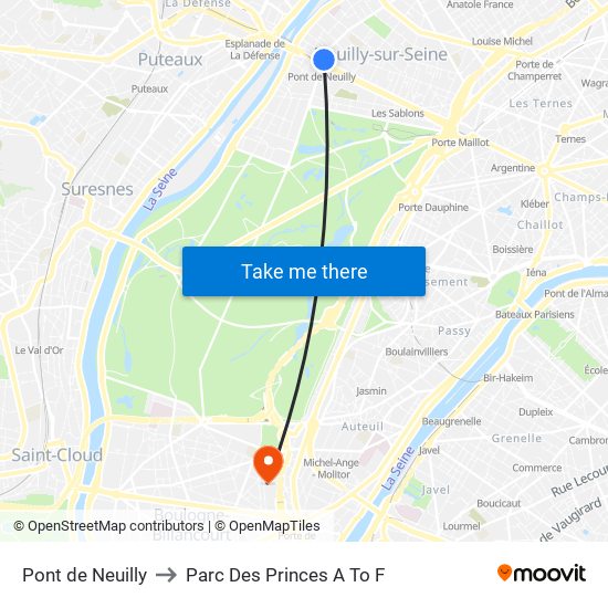Pont de Neuilly to Parc Des Princes A To F map