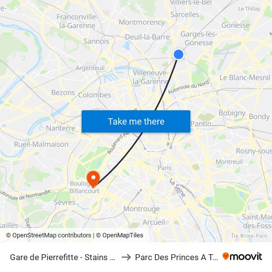 Gare de Pierrefitte - Stains RER to Parc Des Princes A To F map