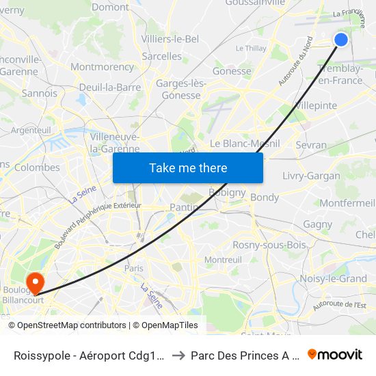 Roissypole - Aéroport Cdg1 (G1) to Parc Des Princes A To F map