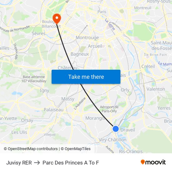 Juvisy RER to Parc Des Princes A To F map