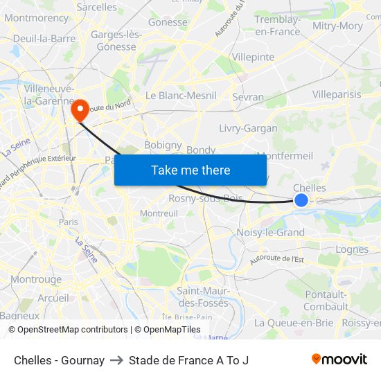 Chelles - Gournay to Stade de France A To J map