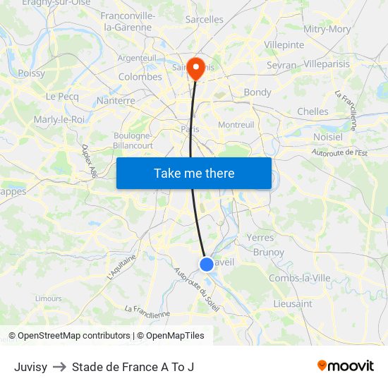 Juvisy to Stade de France A To J map