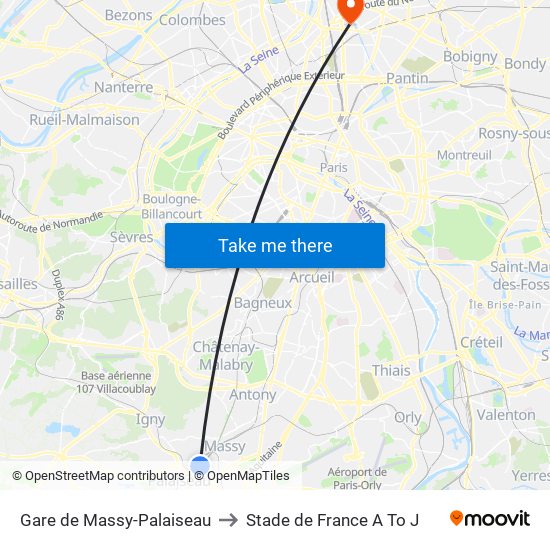 Gare de Massy-Palaiseau to Stade de France A To J map