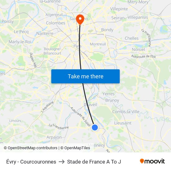 Évry - Courcouronnes to Stade de France A To J map