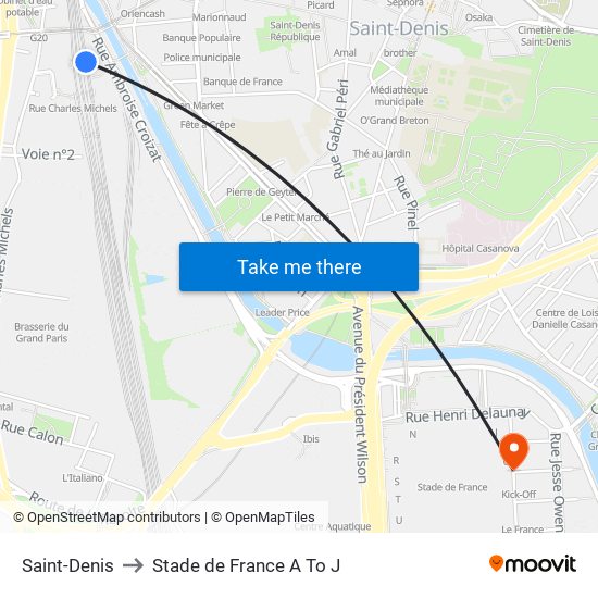 Saint-Denis to Stade de France A To J map