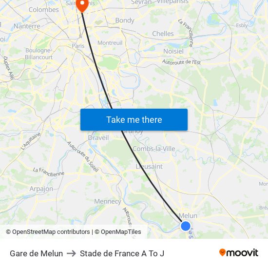 Gare de Melun to Stade de France A To J map